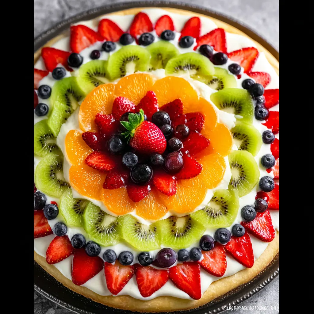 A fruit pizza with kiwi, strawberries, blueberries, and oranges.