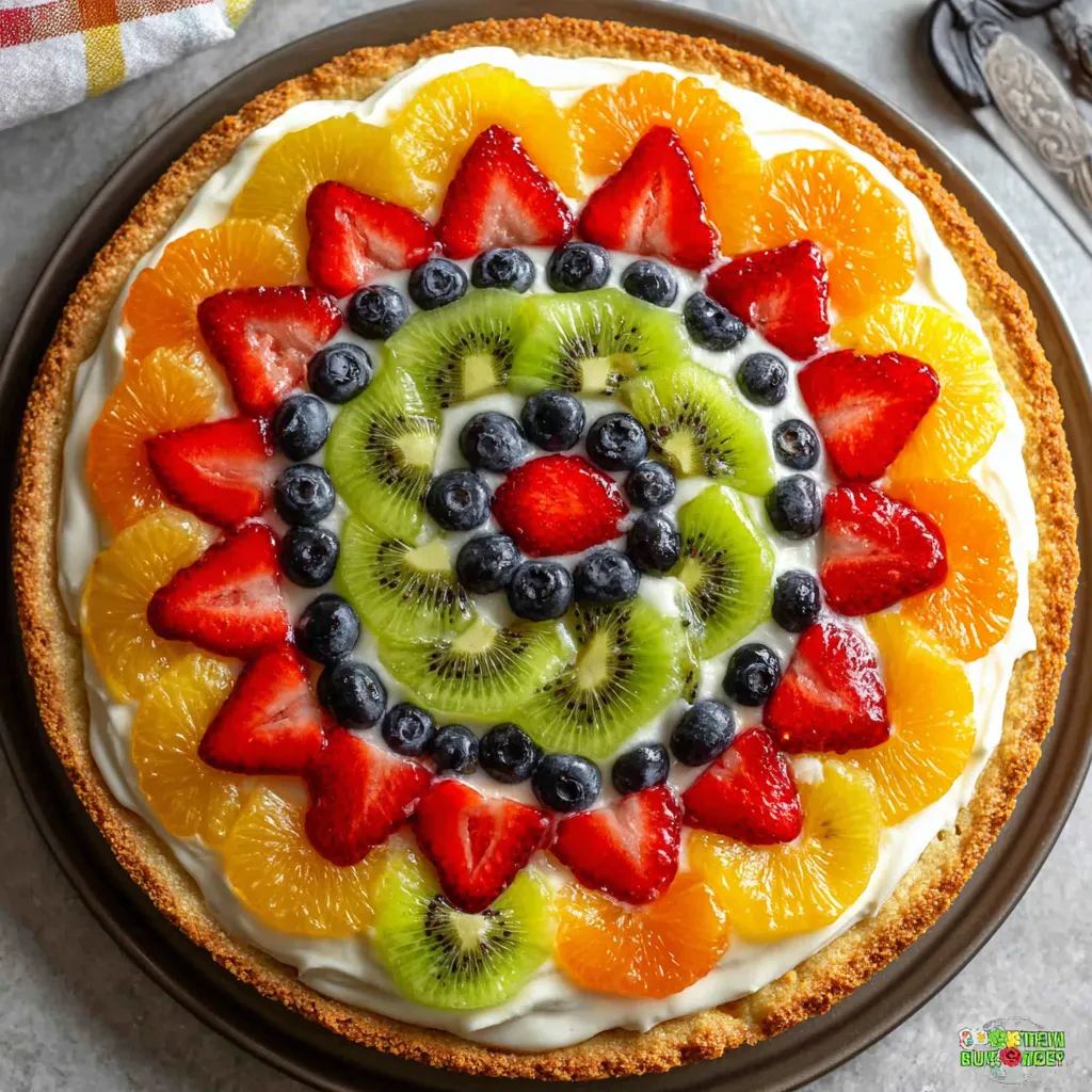 A fruit pizza with kiwi, strawberries, blueberries, and oranges.