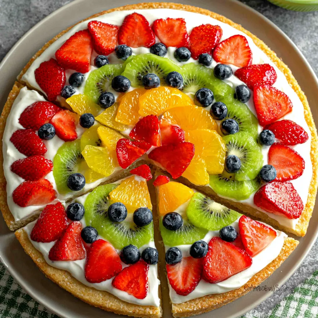 A slice of fruit pizza with strawberries, kiwi, blueberries, and oranges.