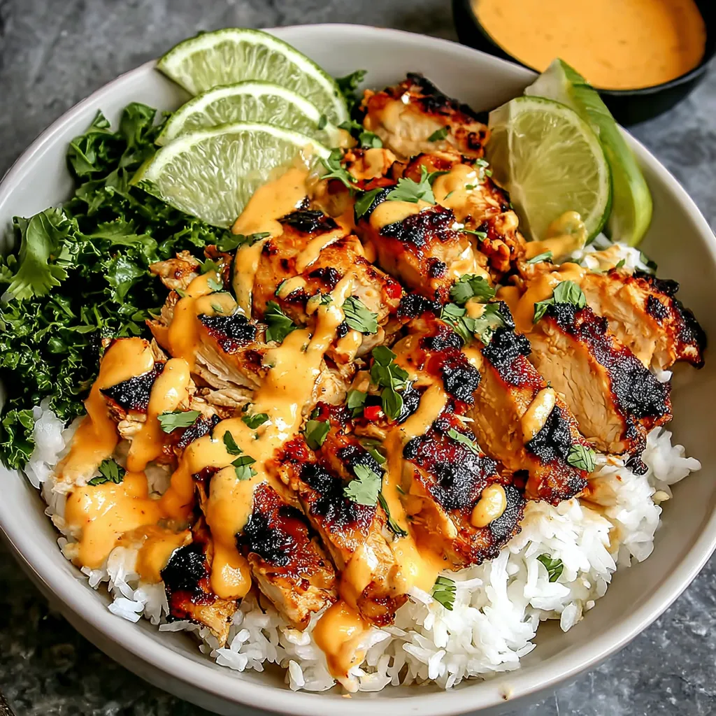 A bowl of food with chicken, rice, and lime.