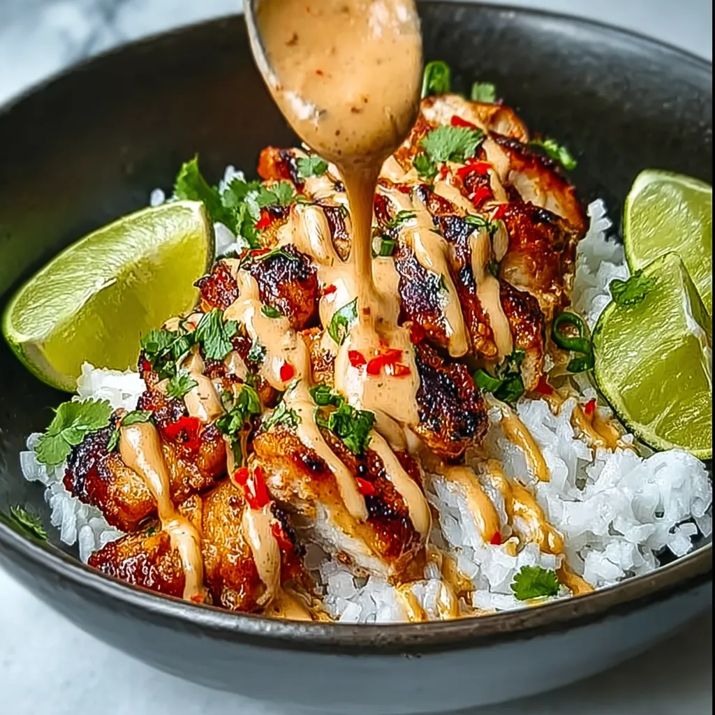 A bowl of chicken with a sweet chili sauce drizzle.
