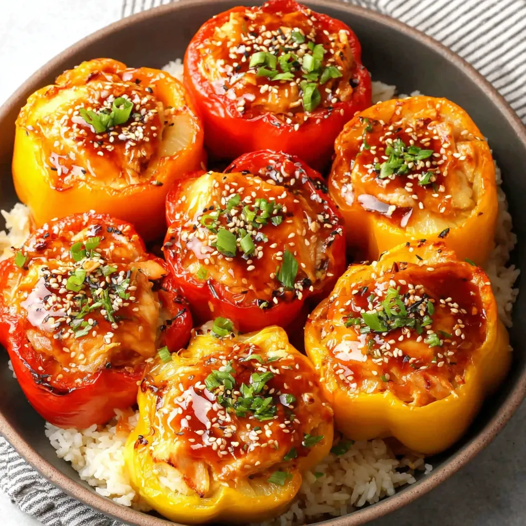 A bowl of stuffed peppers with rice and teriyaki sauce.