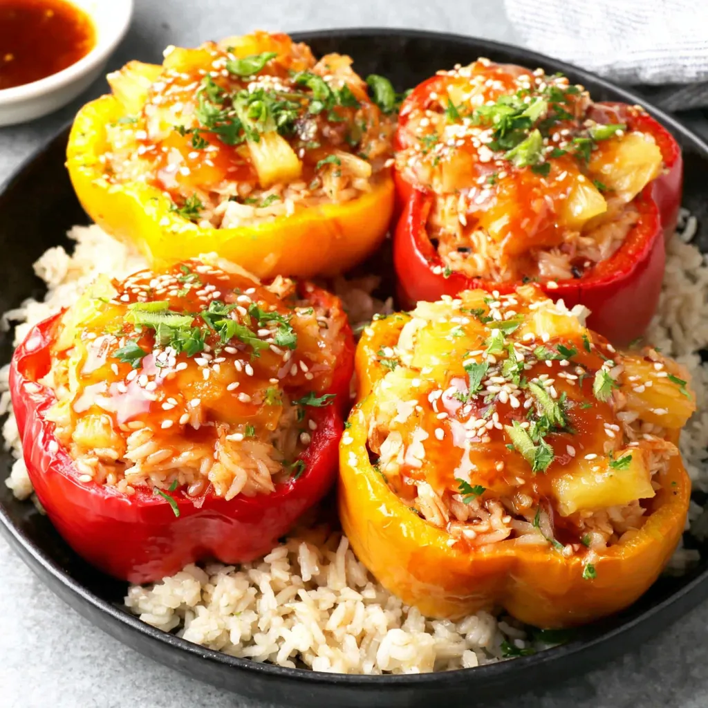 A plate of stuffed peppers with rice and teriyaki sauce.