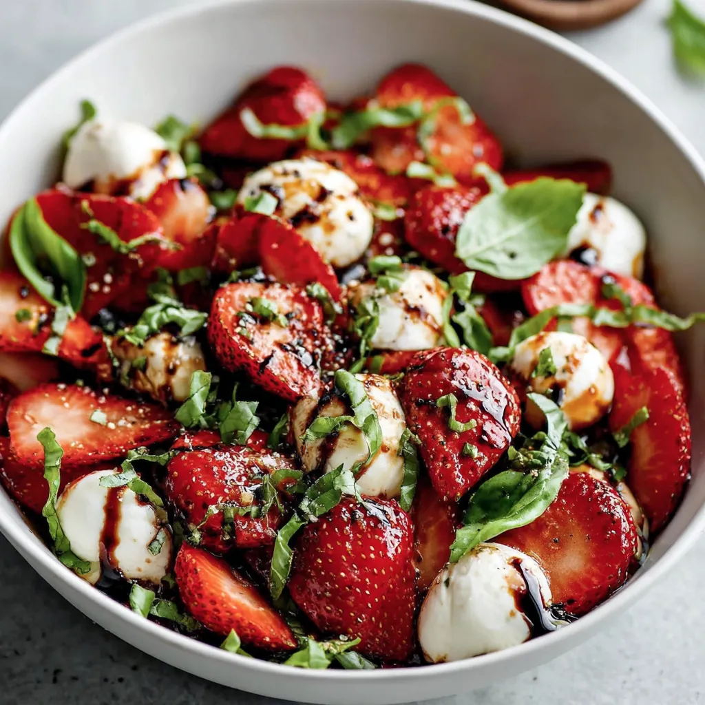 A bowl of Caprese salad with strawberries and balsamic glaze.