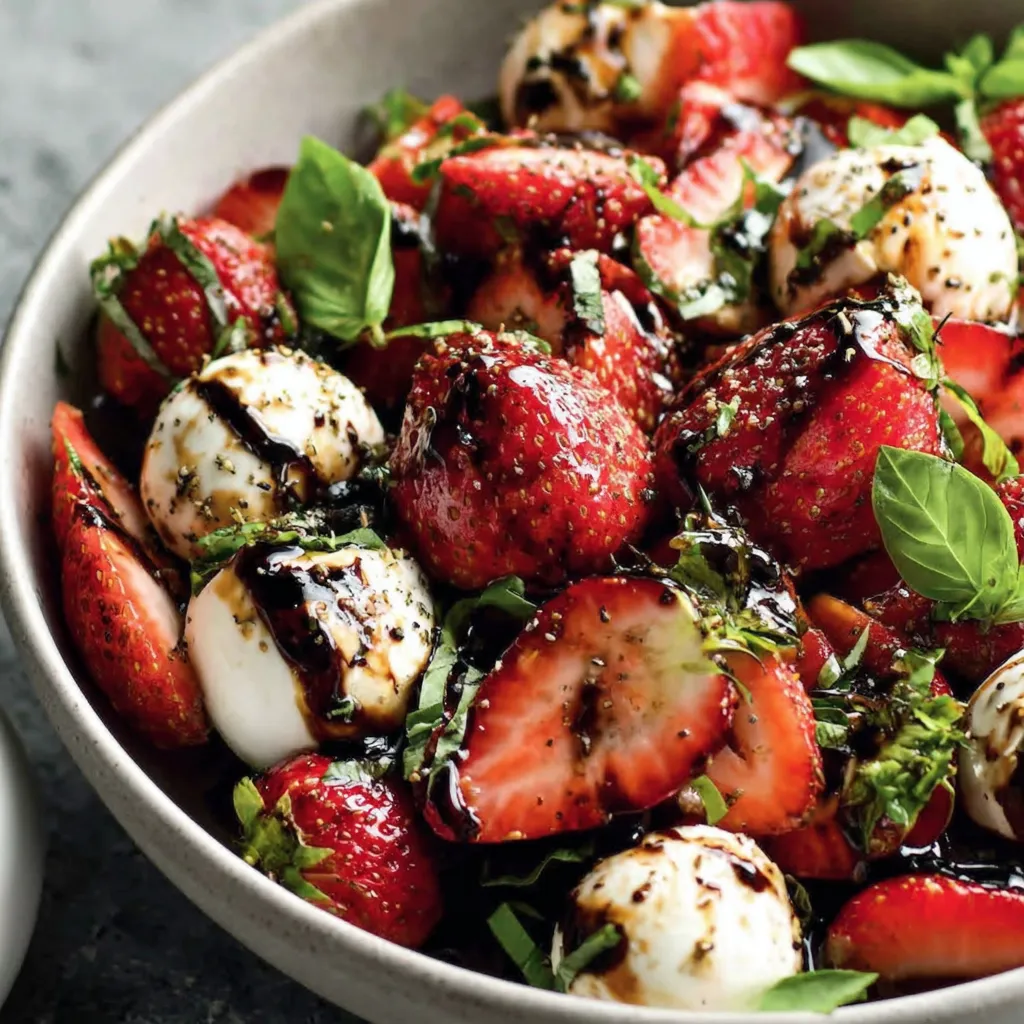 A bowl of Caprese salad with strawberries and balsamic glaze.