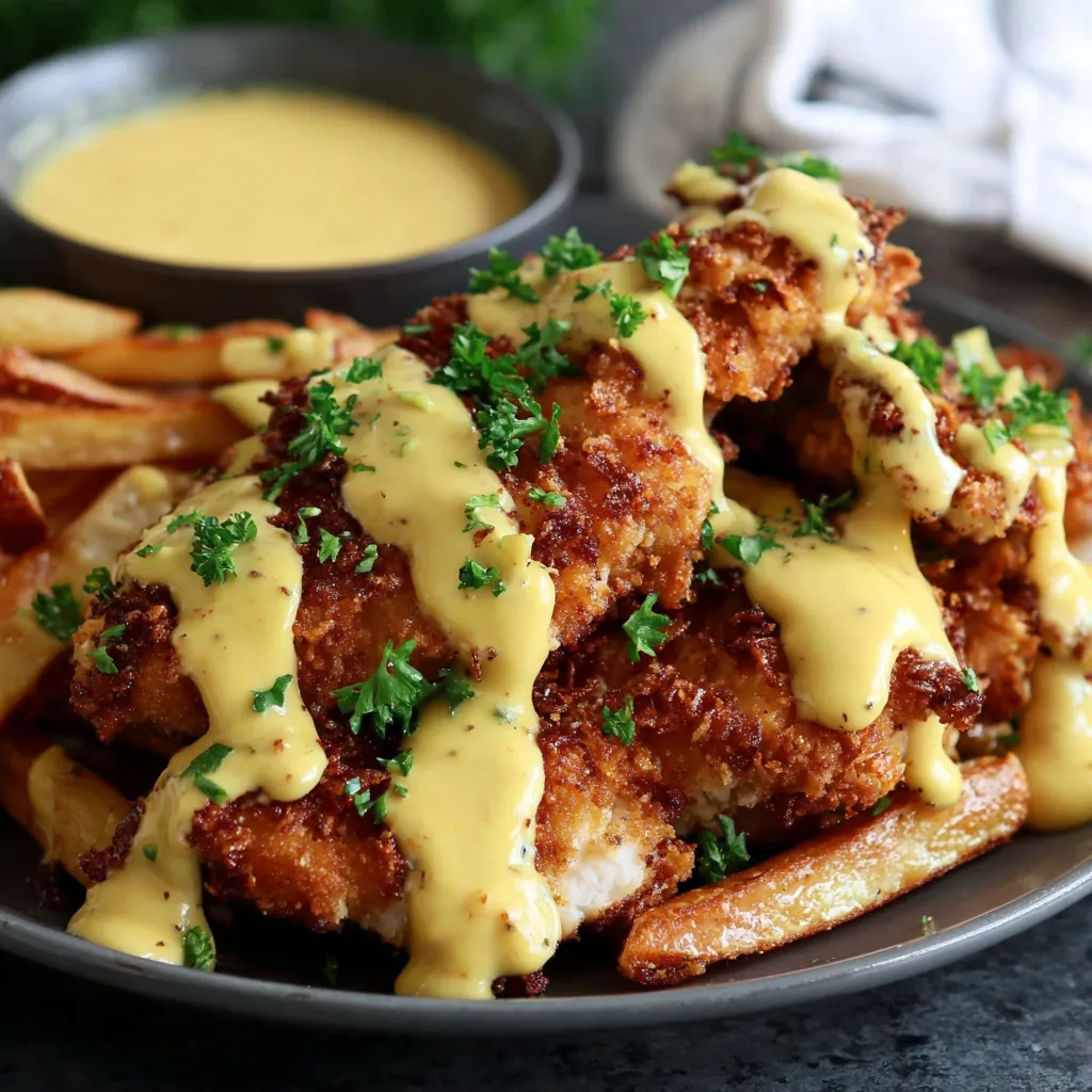 A plate of chicken with mustard and cheddar sauce.