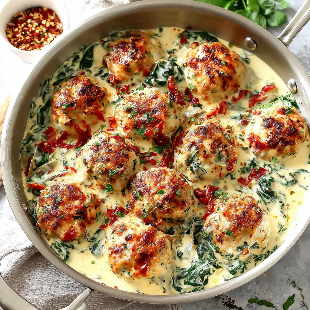 A pan of baked chicken meatballs with spinach Alfredo sauce.