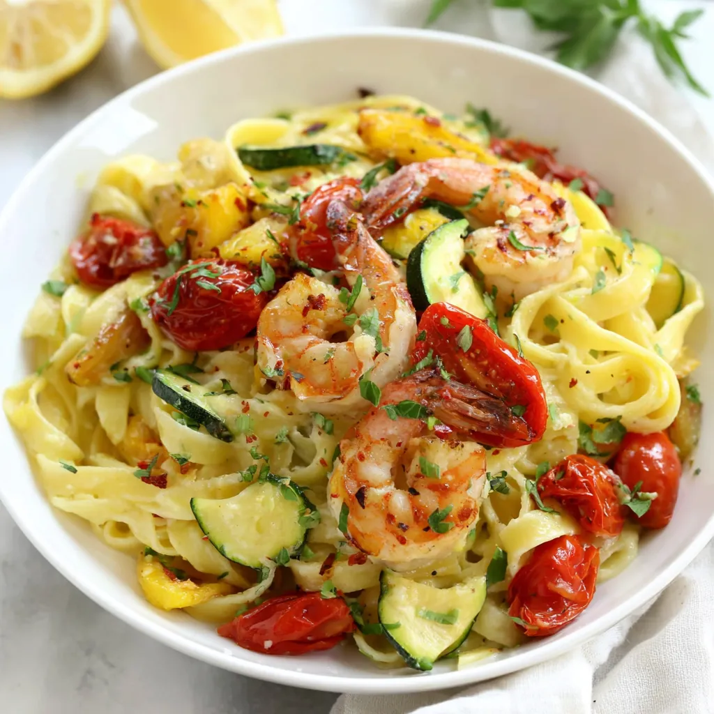 A bowl of pasta primavera with shrimp, zucchini, tomatoes, and lemon.