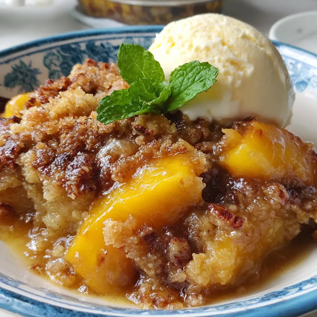 A bowl of peach cobbler with a brown sugar pecan crust.