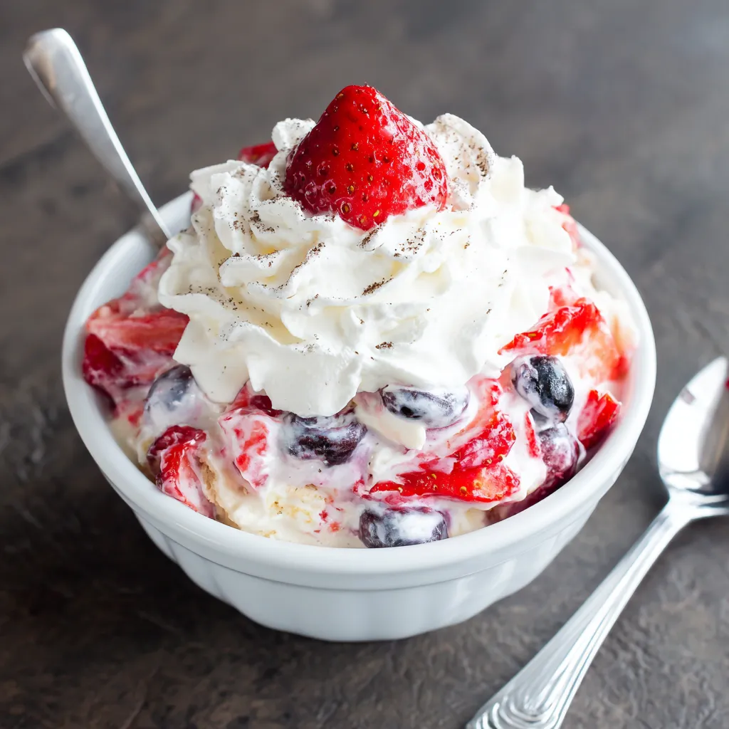 A bowl of strawberry cheesecake salad.