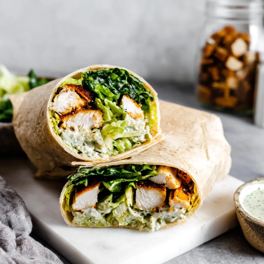 A chicken Caesar wrap with lettuce and tomato.