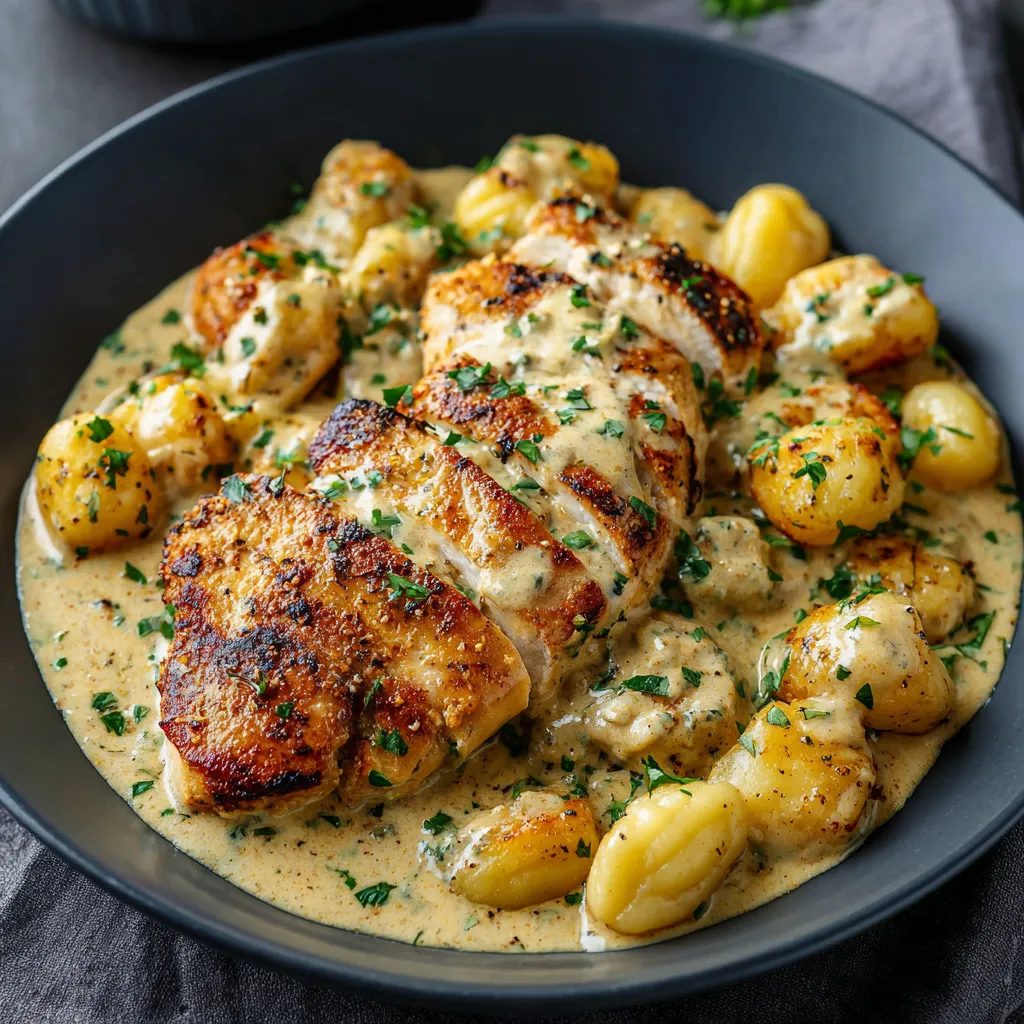 A bowl of Asiago chicken and gnocchi.
