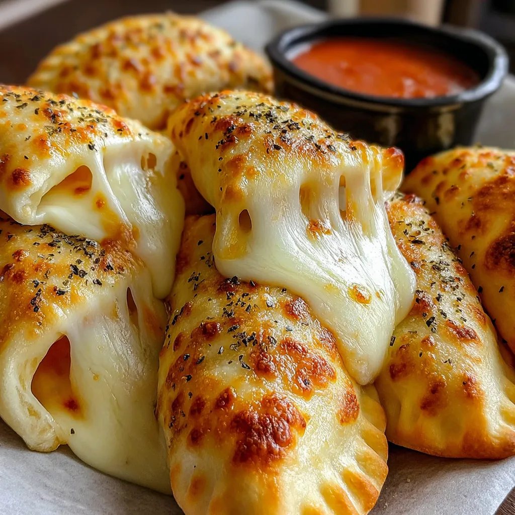 A plate of cheesy pizza pockets.
