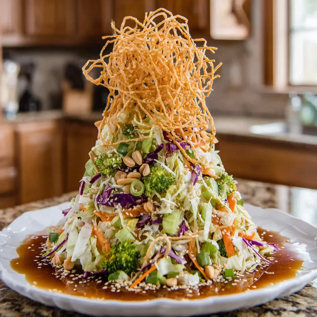 A large pile of crunchy Asian cabbage salad.