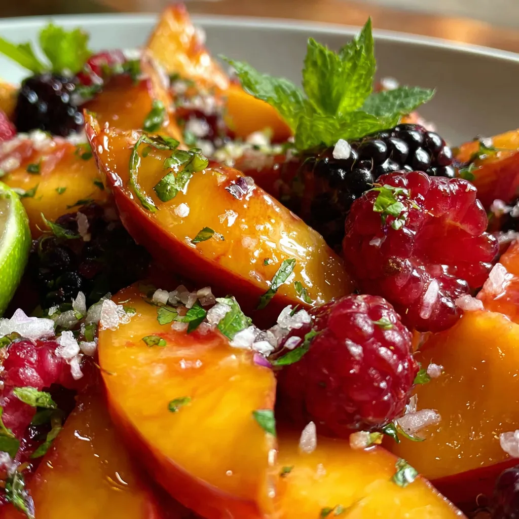 A bowl of fruit salad with peaches, berries, and mint.