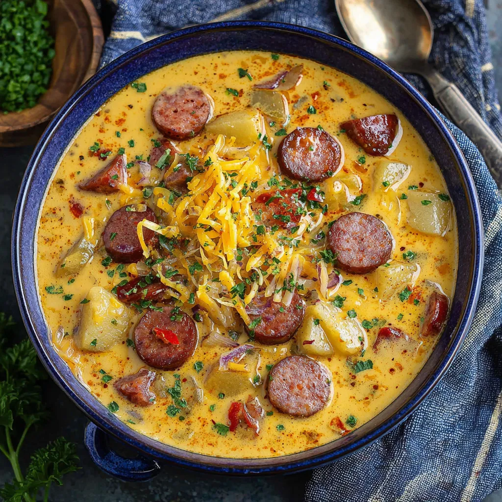 A bowl of Cajun potato soup with sausage and onions.