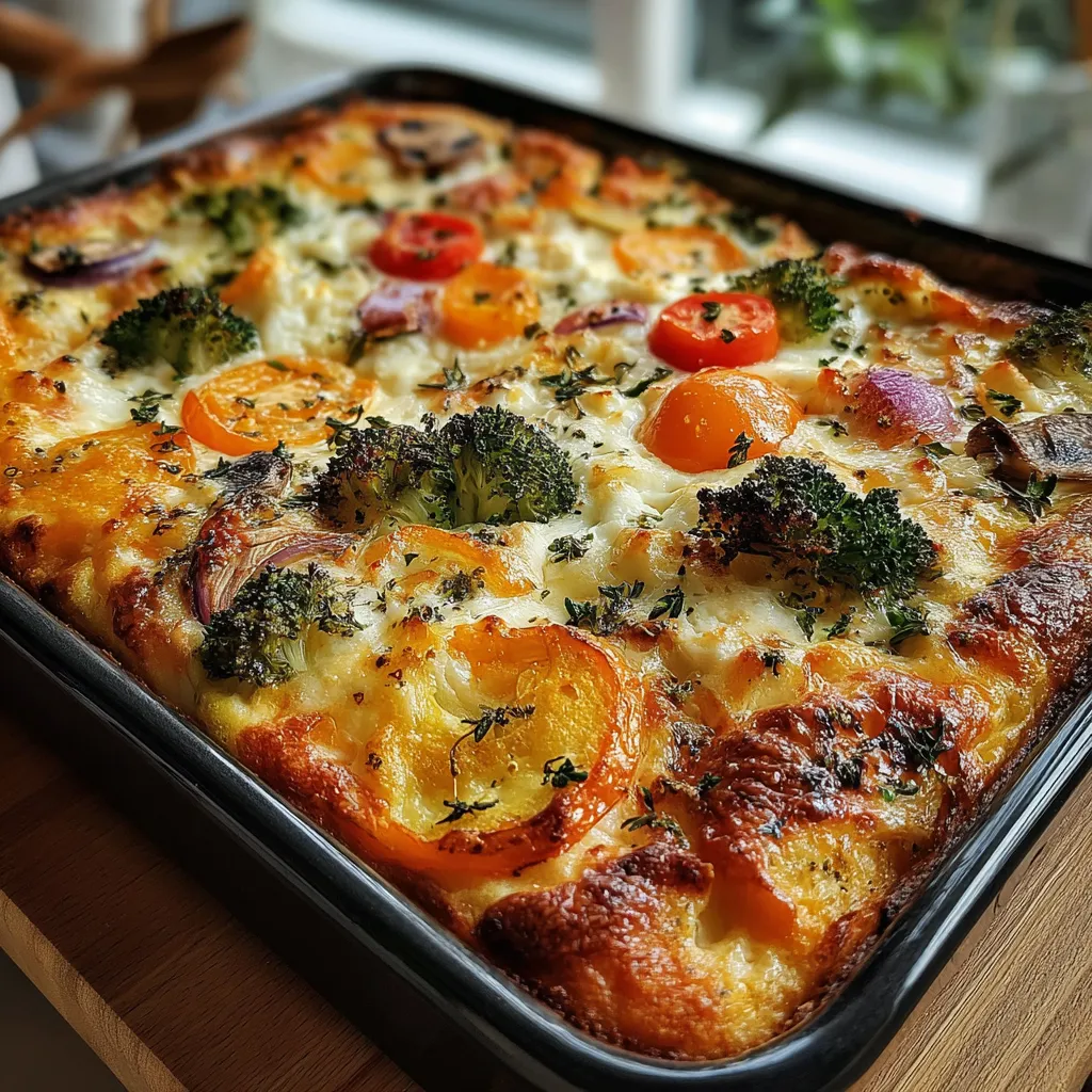 A pan of food with a variety of vegetables and cheese.