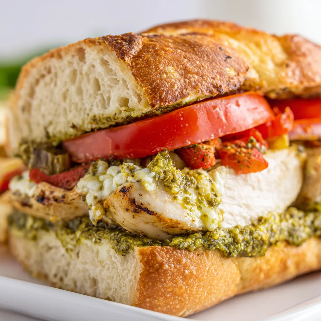 A chicken pesto sandwich on a white plate.