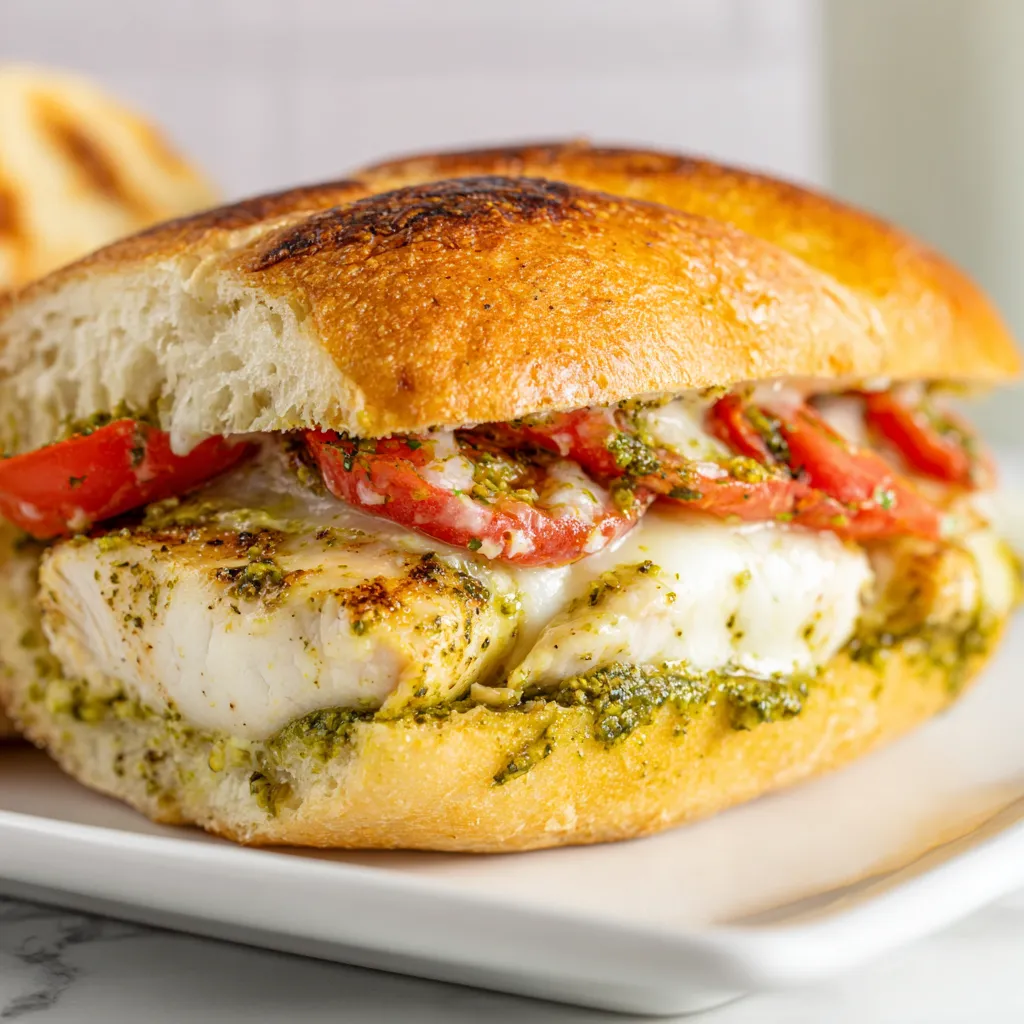 A chicken pesto sandwich on a white plate.