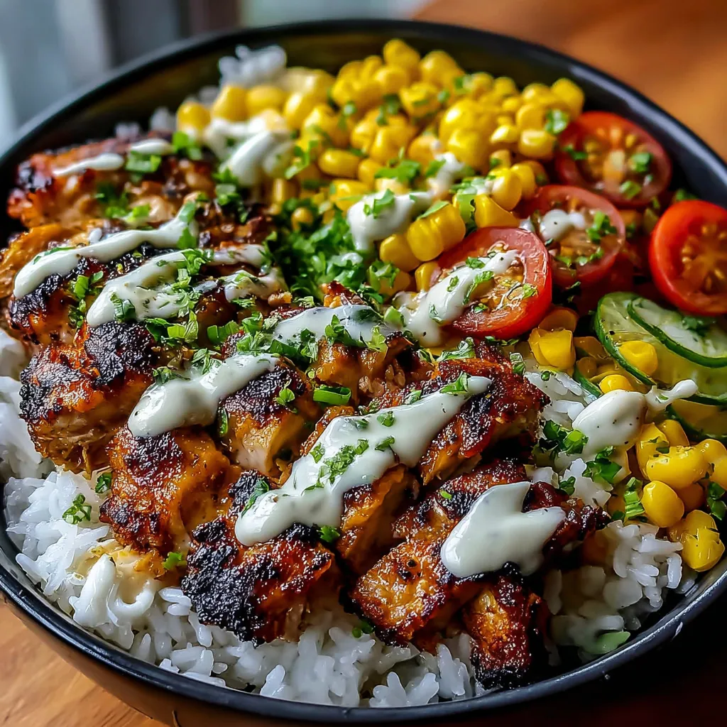 A bowl of food with rice, chicken, corn, and tomatoes.