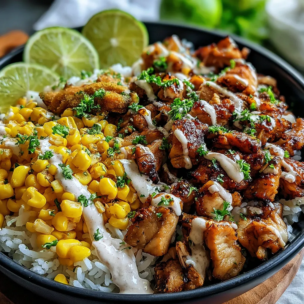 A bowl of food with rice, chicken, and lime.