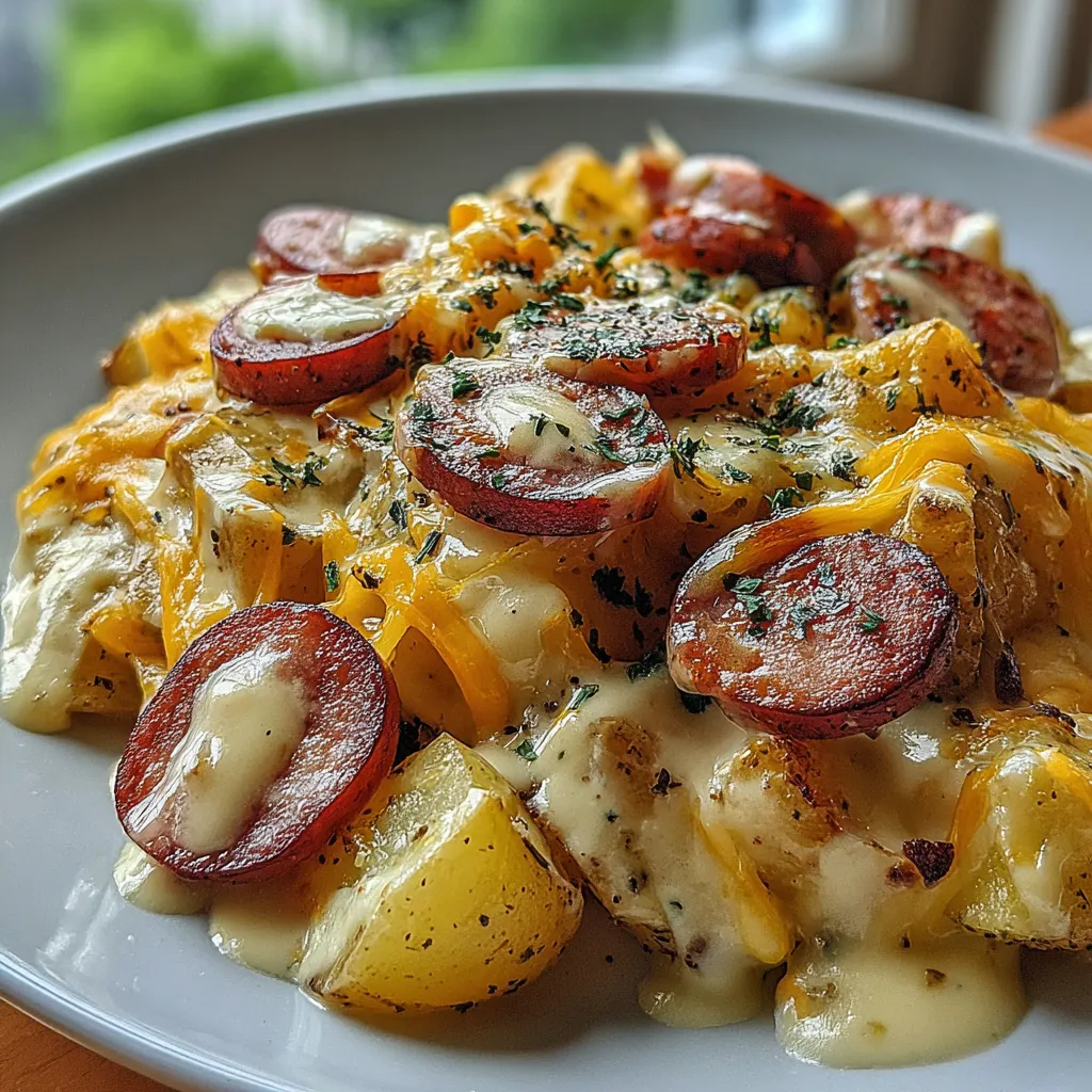 A plate of cheesy ranch potatoes and smoked sausage.