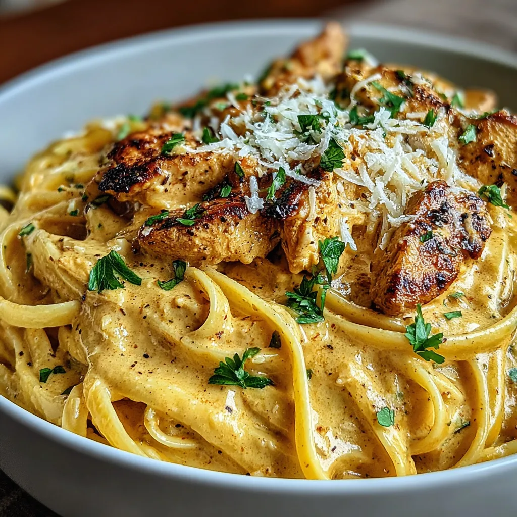 A bowl of pasta with chicken and cheese.