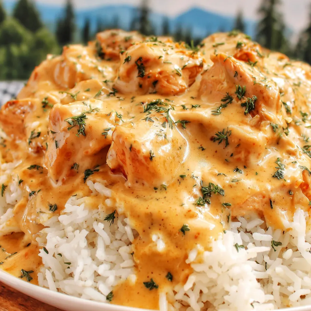 A plate of rice and chicken with a creamy sauce.