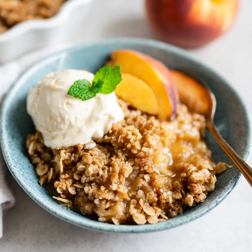 A bowl of peach crisp with a scoop of ice cream on top.