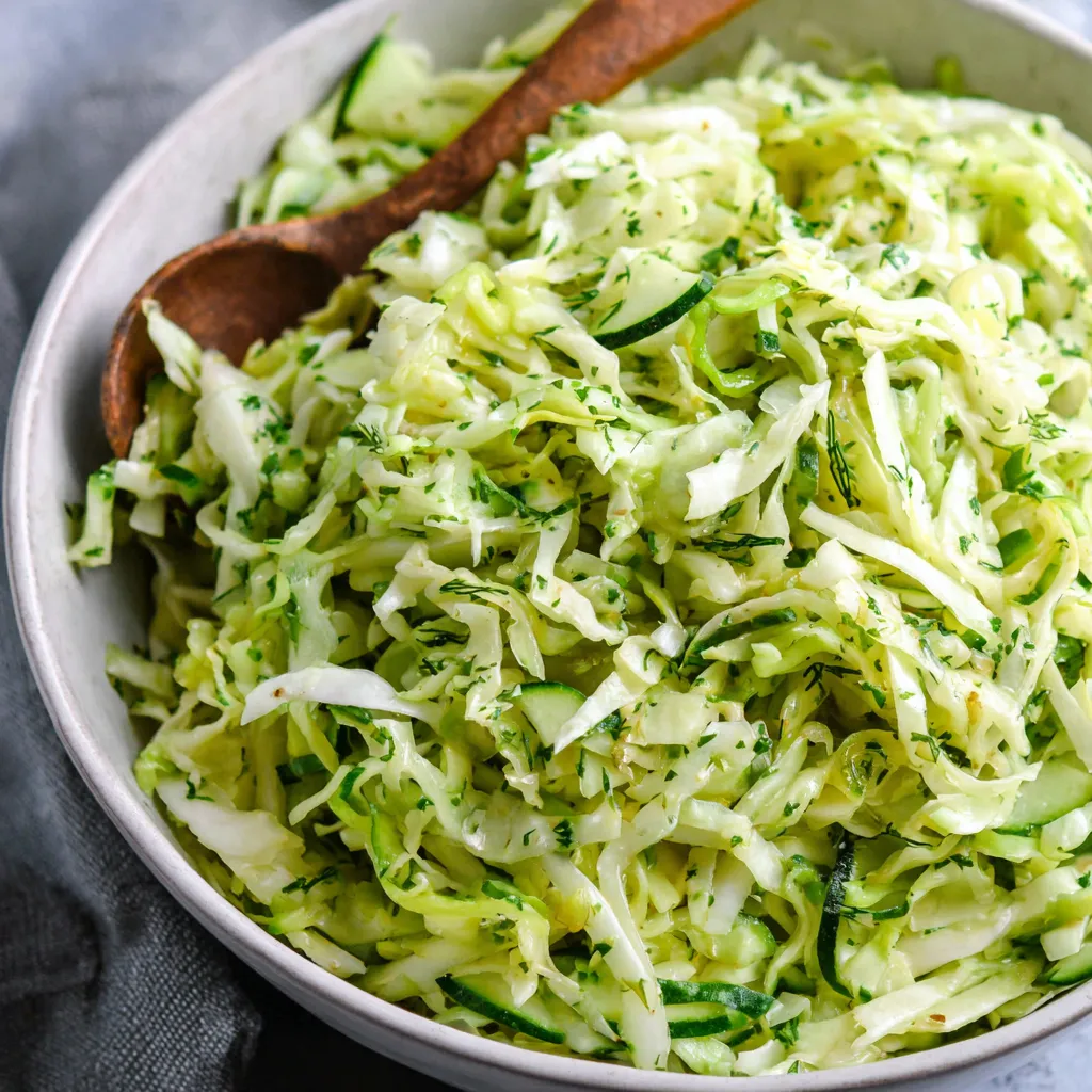 A bowl of green cabbage and cucumber salad.