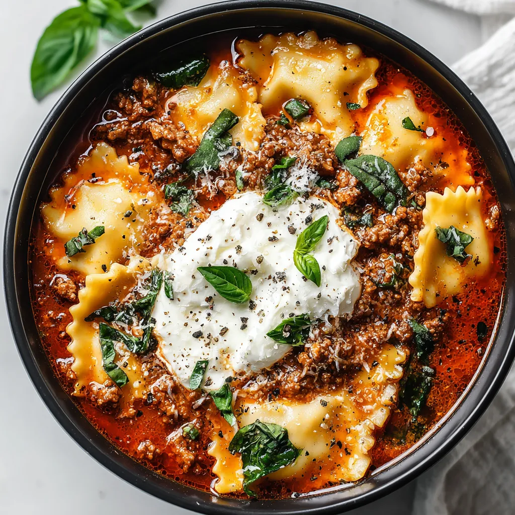 A bowl of lasagna soup with a dollop of sour cream on top.