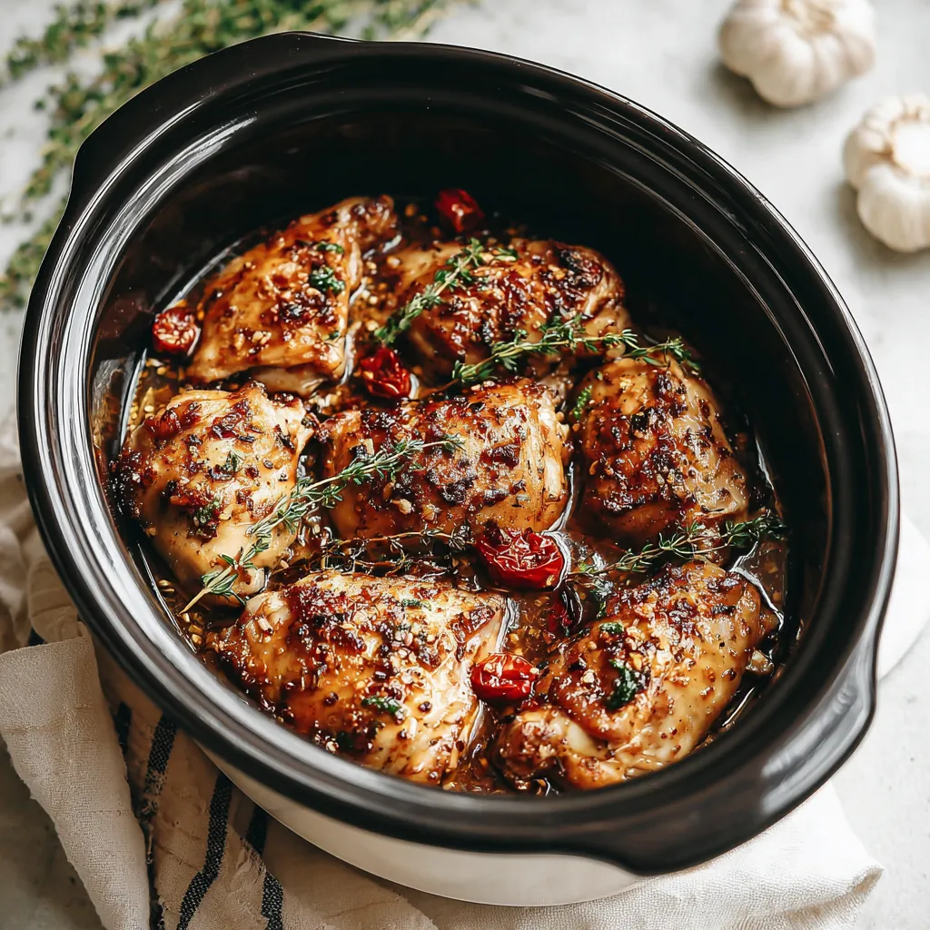 A crockpot filled with chicken and herbs.