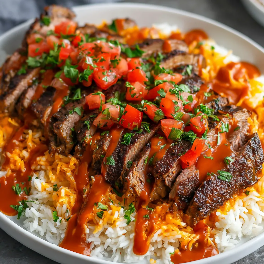 A plate of rice with meat and tomatoes.