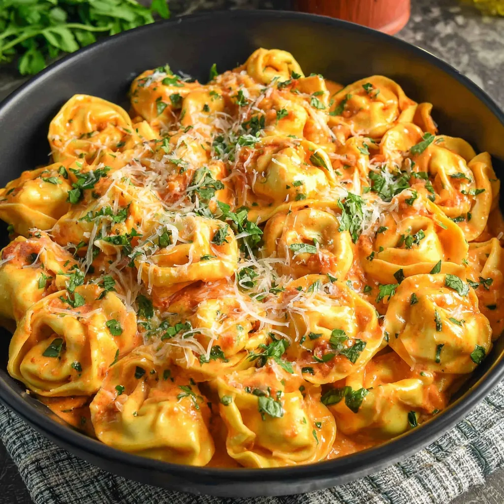 A bowl of food with a crockpot chicken tortellini.