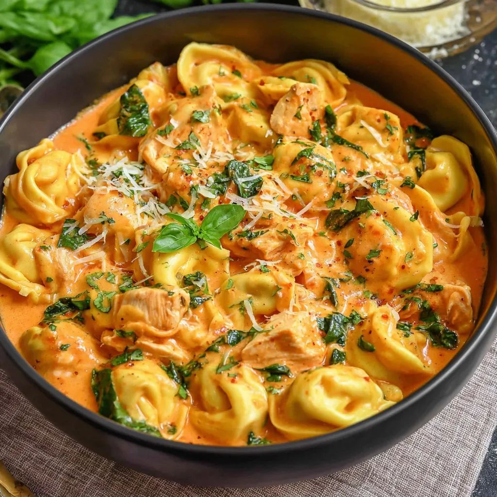 A bowl of chicken tortellini with cheese and spinach.