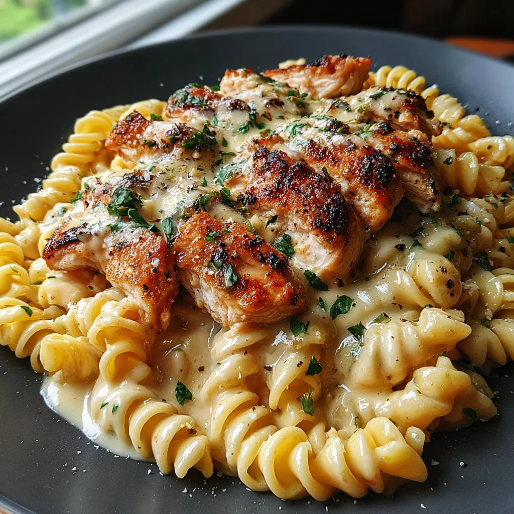 A plate of chicken and pasta.