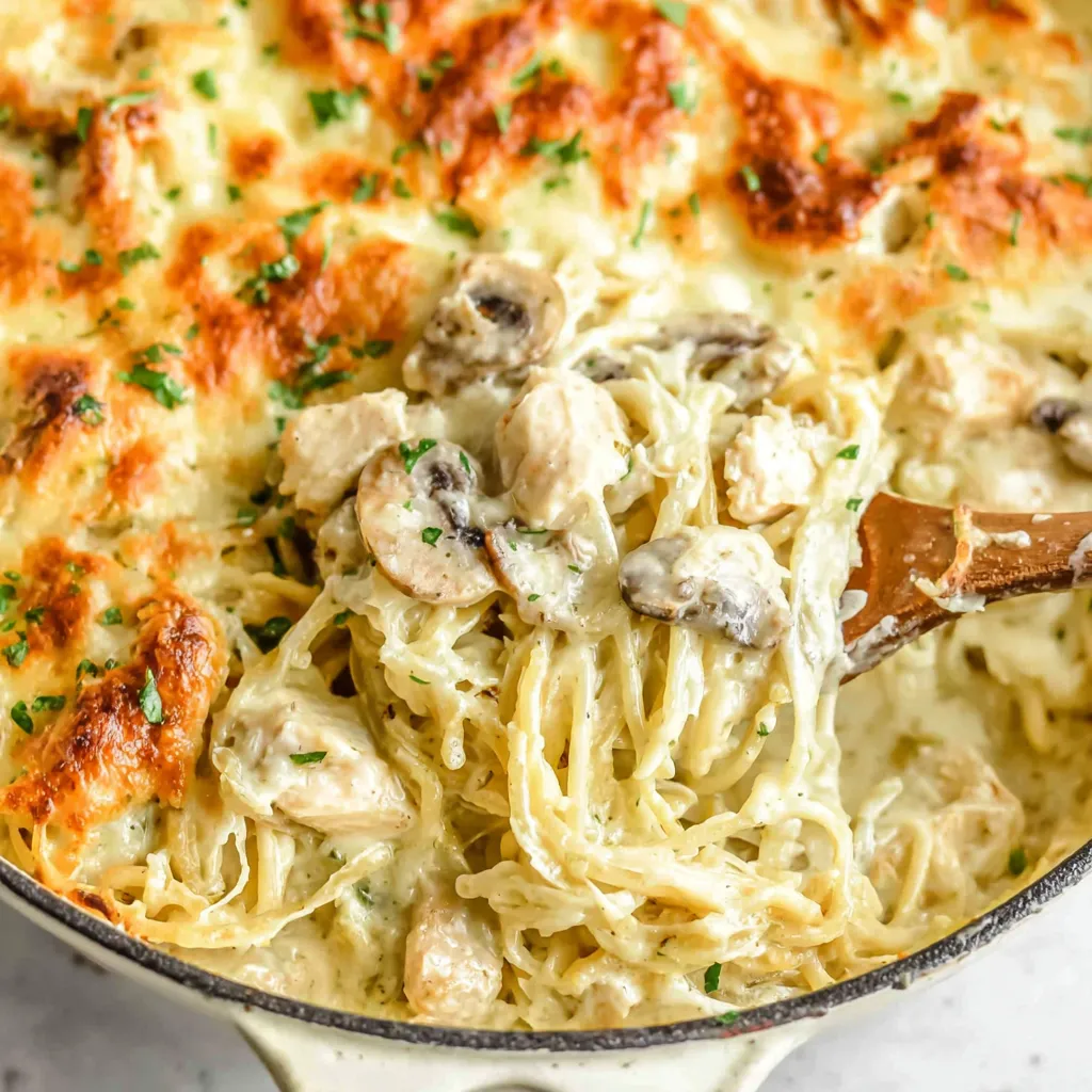 A close up of a delicious chicken tetrazzini.