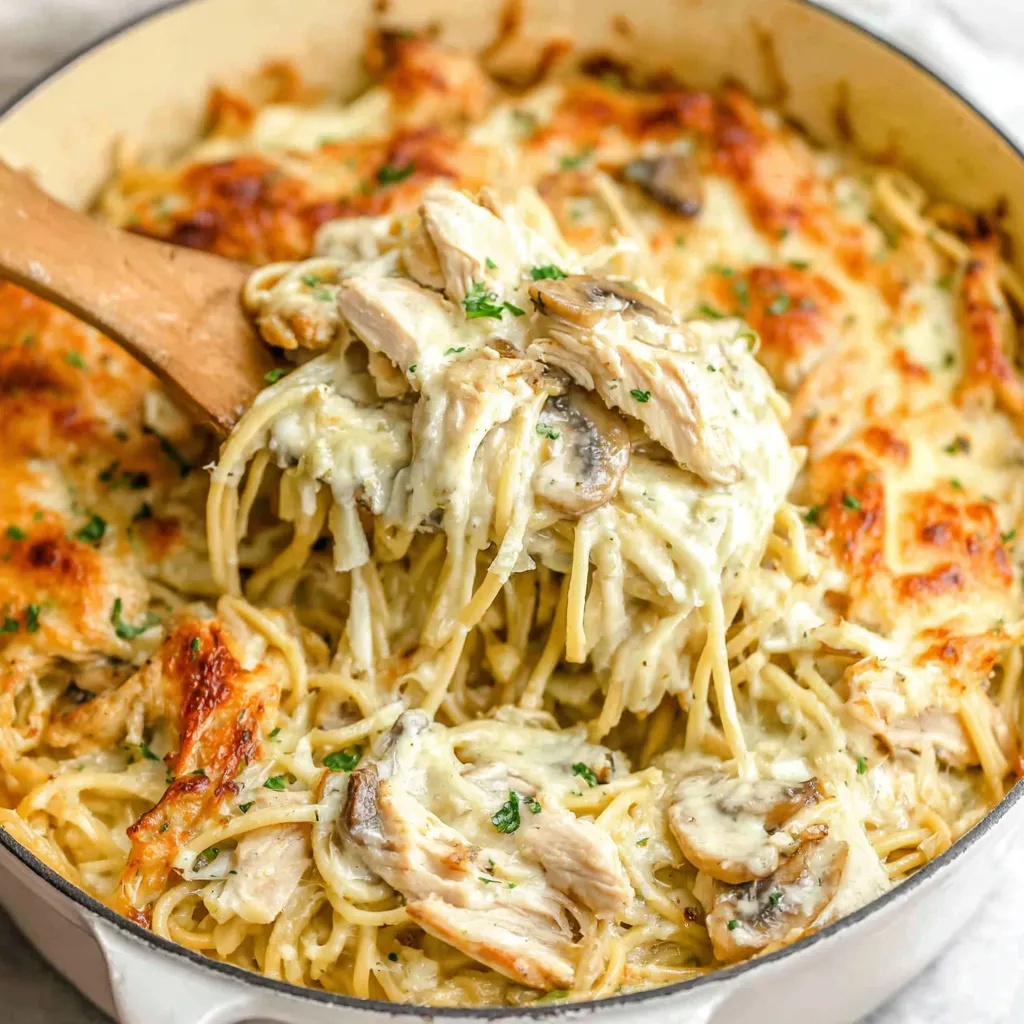 A bowl of chicken tetrazzini.