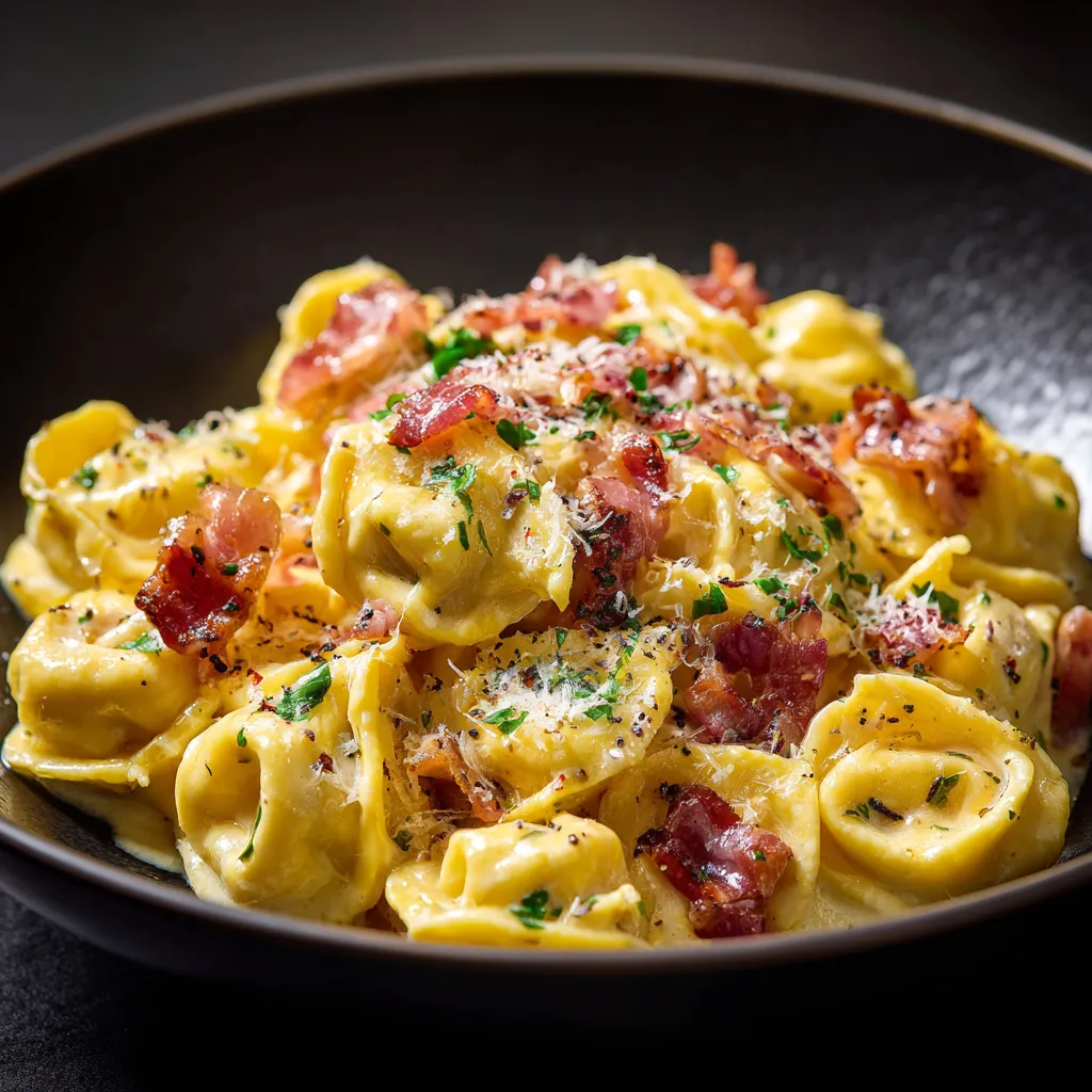 A bowl of creamy tortellini carbonara.