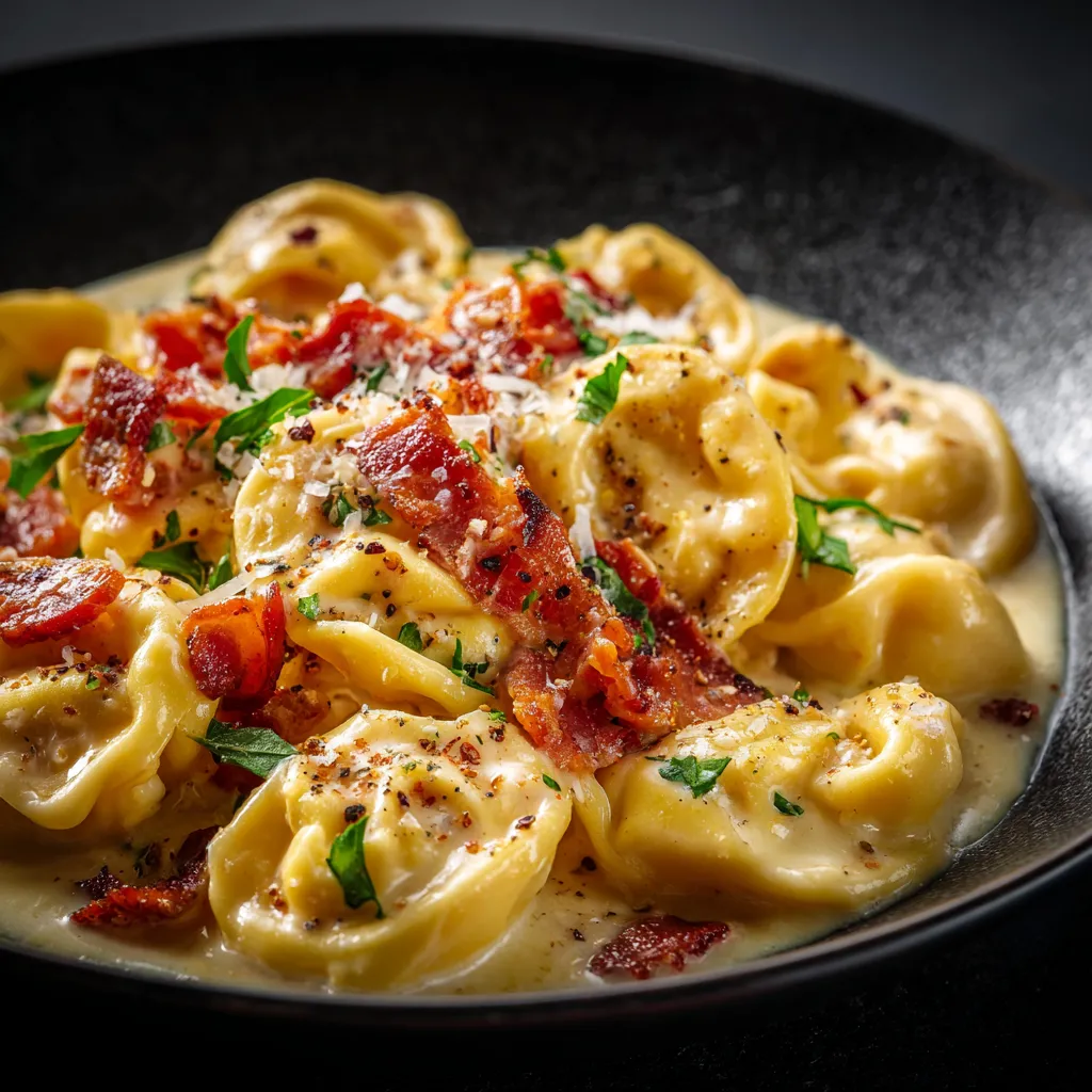 A plate of pasta with bacon and cheese.
