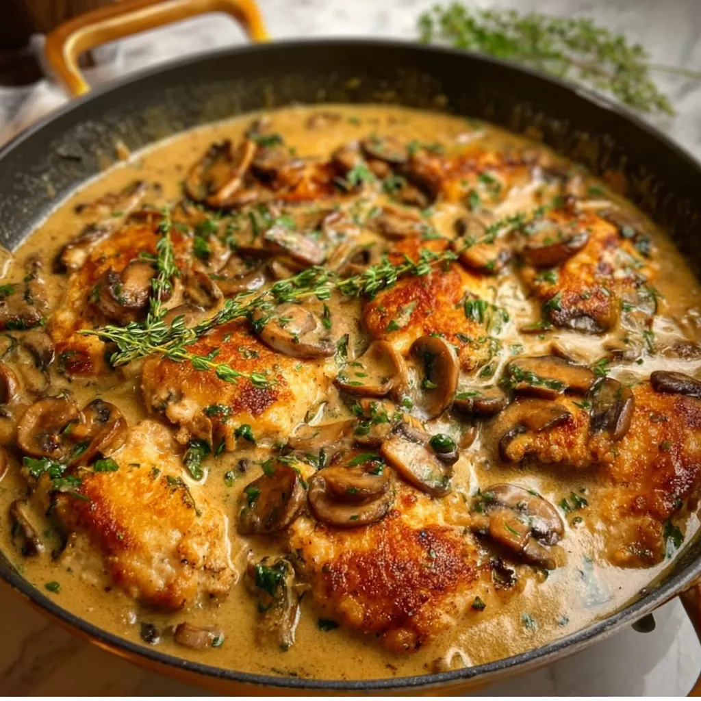A pan of mushroom chicken with a green herb on top.