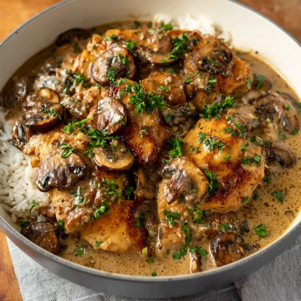 A bowl of mushroom chicken.