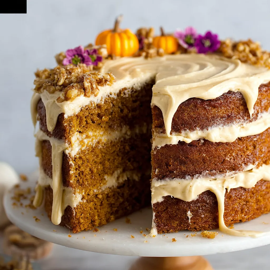 A slice of pumpkin spice cake with brown butter frosting.