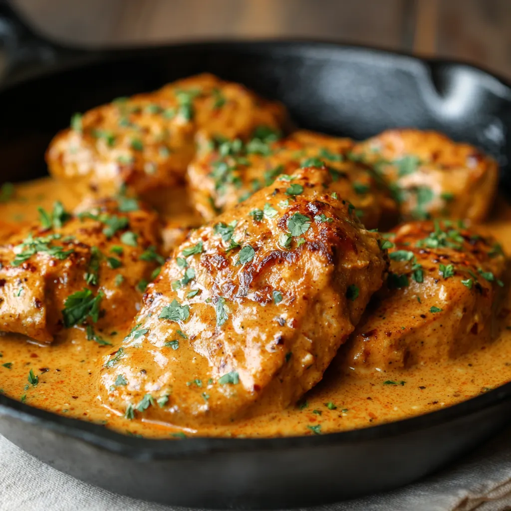 A pan of butter chicken with green herbs.