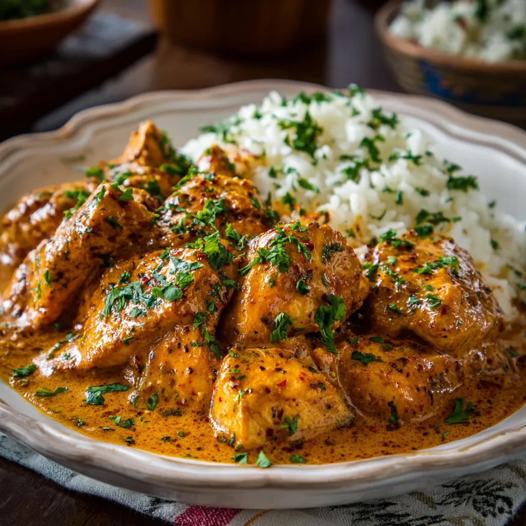 A plate of food with rice and chicken.