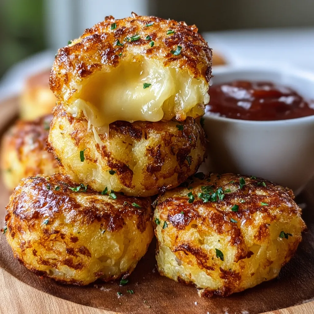 Mashed potato cheese puffs with ketchup on a wooden table.