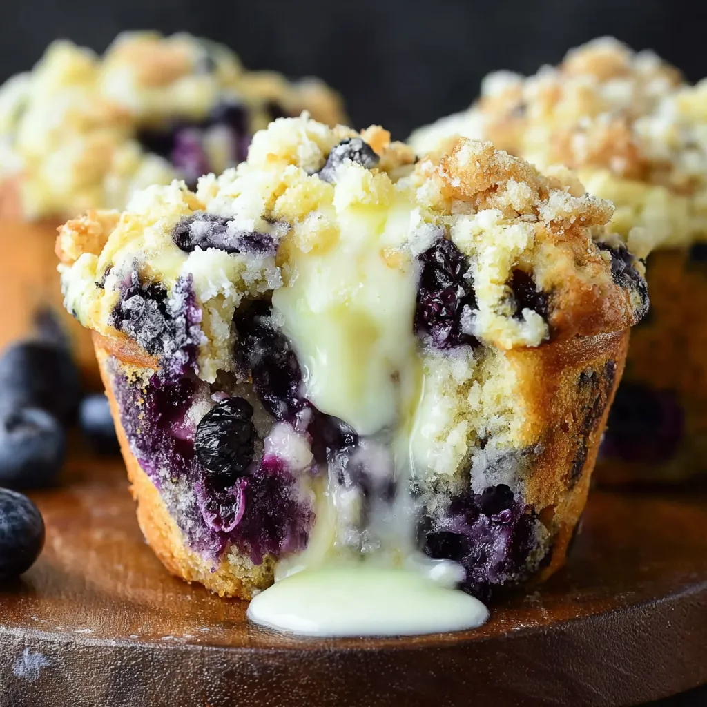 A muffin with blueberries and cream cheese.