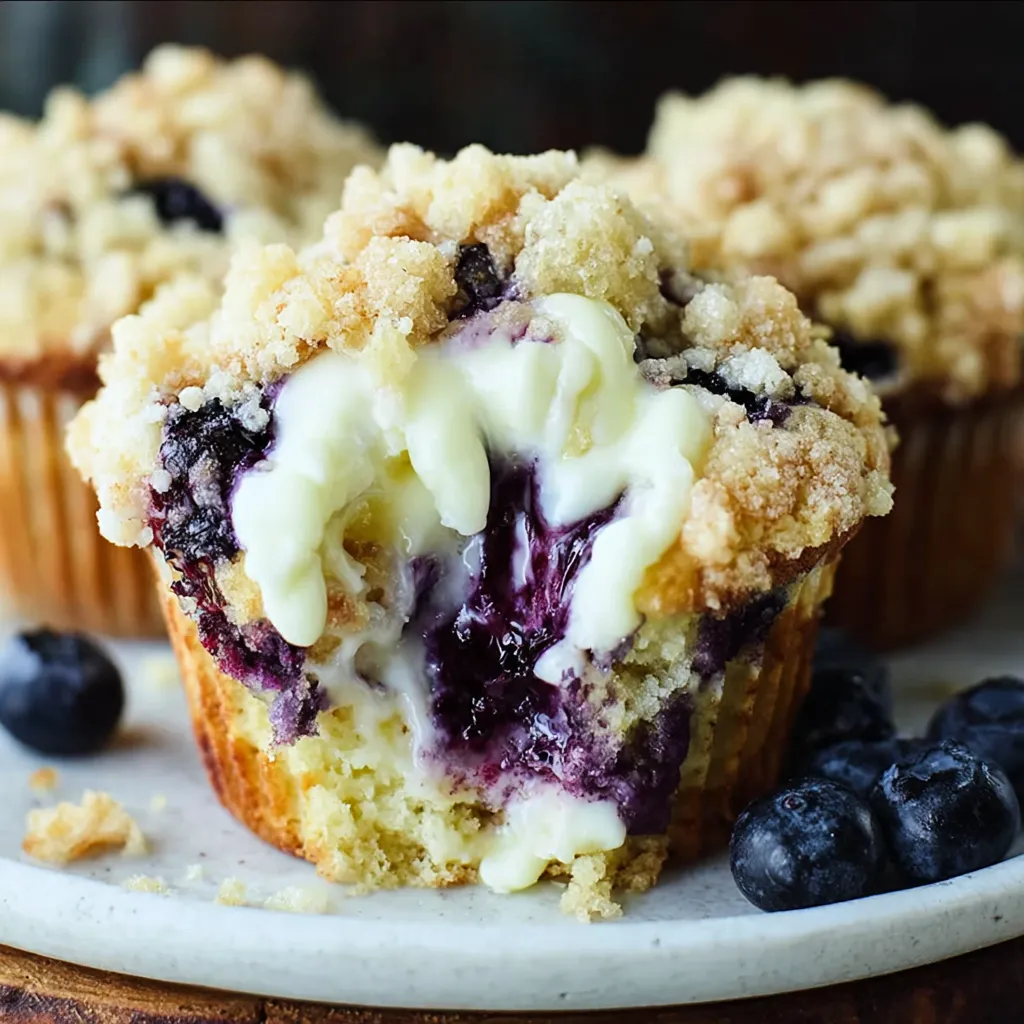A muffin with blueberries and cream cheese.