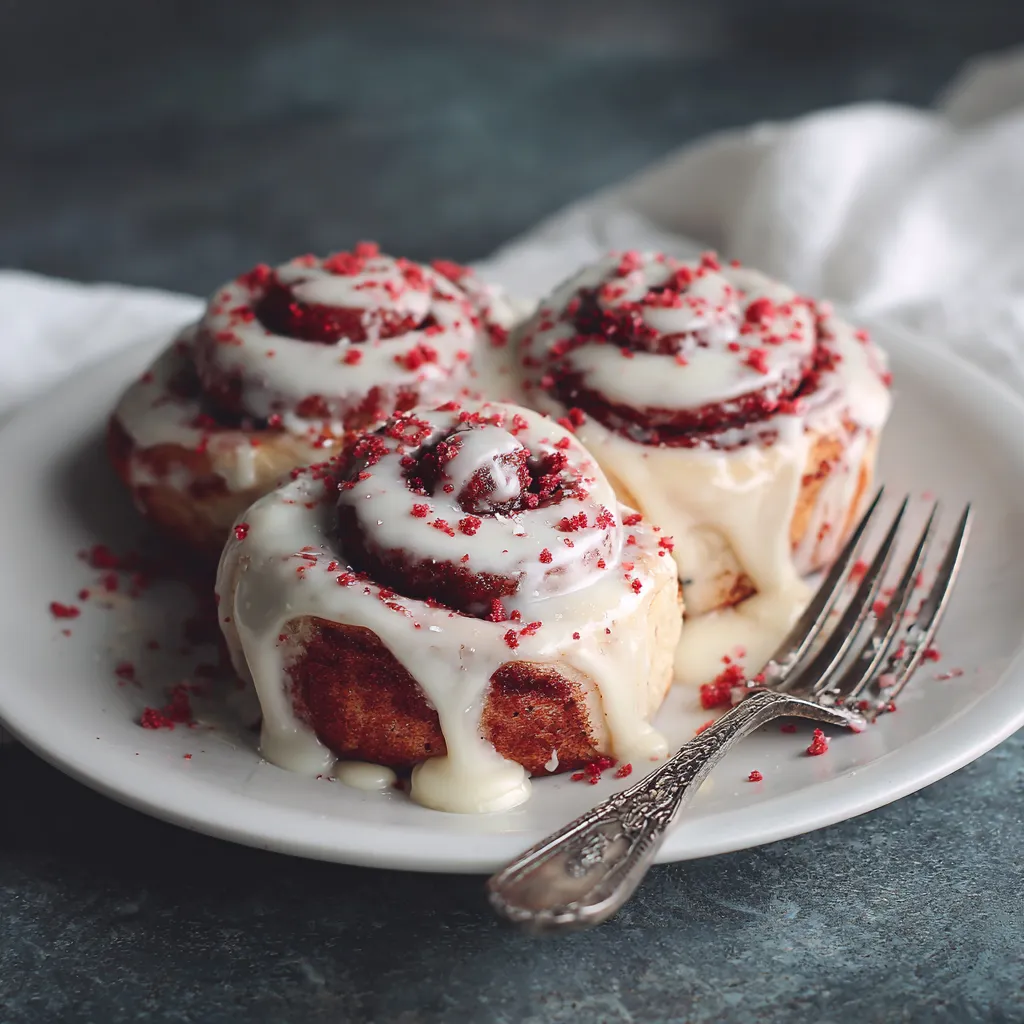 Two red velvet cinnamon rolls on a plate.