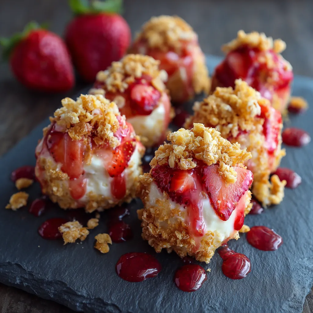 Strawberry cheesecake crunch bites on a black slate.